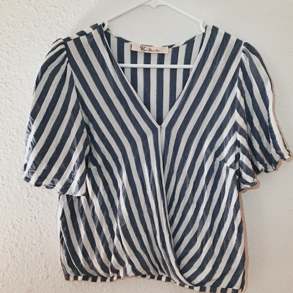 Blue and white striped wrap shirt